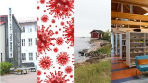 Vi har tagit en titt på restriktionerna i Västnyland. Virkby gymnasium välkomnar abiturienterna till närundervisning, Hangö simhus är stängt till slutet av januari och biblioteken i Raseborg är stängda - men du kan hämta ut reserverat material. Ett collage med en bild från virkby gymnasium, coronvirus, simhuset i hangö och biblioteket i Ekenäs