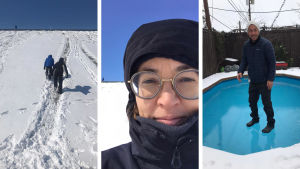 Vasabördiga Jessica Sundin har bott på olika håll i USA under flera år, men är sedan 2010 bosatt så gott som hela tiden i Dallas, Texas, förutom ett år i Finland i fjol. Familjen flyttade tillbaka i augusti. Bildmontage med tre bilder från Texas som drabbats av vinterväder. Till vänster folk som går i snön, i mitten en bild på Texasbon Jessica Sundin och till höger en bild på en man som står på vattnet på en frusen simbassäng.