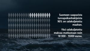 Kuvassa meri ja grafiikkaa, joista hahmottaa tietoa Suomeen saapuvista turvapaikanhakijoista.