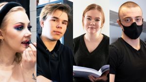 Ett bildcollage med fyra personer. Till vänster syns en kvinna som målar läpparna med läppstift. Nästa till höger är en man med svart munskydd. Andra i mitten är en kvinna som håller i en stor bok. Till höger är den en man som tittar snett in i kameran.