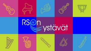 RSO:n Ystäväyhdistyksen visuaalinen ilme, jossa eri värisiä neliöitä, joissa soittimia kuvattuna