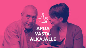 Hämmentynyt eläkeikäinen mies, jota Anna-Liisa Tilus neuvoo kännykän käytössä. Kuvassa teksti Apua vasta-alkajalle. 