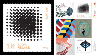 Mika Natris frimärkskonst på ett av sex nya konstfrimärken