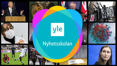 Yle Nyhetsskolans logo och ett kollage av bilder från olika nyhetshändelser.