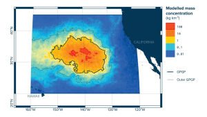 Sopvirveln är belägen mellan Hawaii och Kalifornien. Grafik över var plastskräpet finns i Stilla havet.