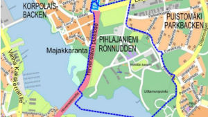 Området innanför det blå strecket utgör den nya stadsdelen. Karta över Heikkilä kasernområde.