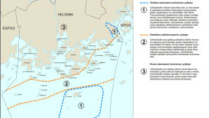 På dessa området skulle vindkraftverken enligt förslaget kunna placeras. De blåa områdena markerar vindkraftverk av industriell storlek, maxhöjden skulle vara 125 meter. De orangea skulle vara för lokal elproduktion, med en maxhöjd på 50 meter. Karta över Helsingfors med skärgård, områden för planerad vindkraftverk utmarkerade med blått och orange.