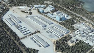 Så här kunde en datacentral se ut på Hangö östra industriområde, tänker man inom Hanko Data Parks. Det är området som användes som parkering för långtradare då transitotrafiken var som störst. En flygbild av byggnader.