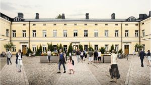 Huvudbyggnaden av Lappvikens sjukhus skulle fortsättningsvis vara i centrum enligt förslaget. En datorgenererad bild av en gammal sjukhusbyggnad med människor på ett torg framför.