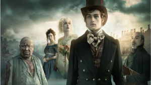 Minisarjassa nähdään vankikarkuri Abel Magwitch (Ray Winstone, vas.), Estella (Vanessa Kirby), neiti Havisham (Gillian Anderson), Pip (Douglas Booth) ja Jaggers (David Suchet).