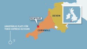 Williams upptäckte de små legofigurerna på stränderna i södra Devon - och sedan började de dyka upp vid Newquay. En karta över områdena Cornwall och Devon i södra Storbritannien, som även markerar platsen där containerfartyget Tokio Express förlorade sina containrar.