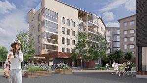 I området utlovas mycket närservice. En illustration av ett bostadshus och människor utanför.