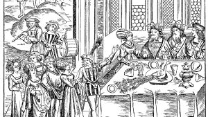 Medeltiden var en lång tidsperiod i Europa, från år 500 till 1500. Bankett med påfågel, Lyon 1517