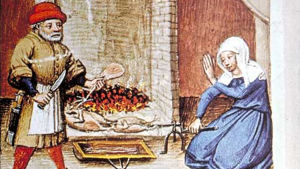 Fåglar grillas på spett Fågel grillad på spett. Under spettet en behållare för steksky. Flandern, 1432.