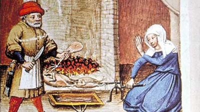 Fågel grillad på spett. Under spettet en behållare för steksky. Flandern, 1432.