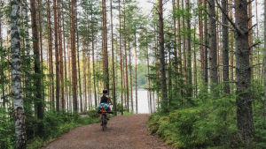En cykelsemester är ett bra sätt att uppleva Finlands fina natur. En kvinna cyklar på en cykel som har mycket packning på pakethållaren. Hon cyklar i en skog och framför henne finns en sjö.