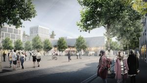 En av de två idéplanerna som har gjorts upp för stationen i Lempola i Lojo. Människor vid ett öppet torg i en stad med gröna träd omkring. Bilden är en teckning.