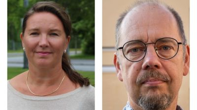 Fotokollage av en medelålders kvinna och man.