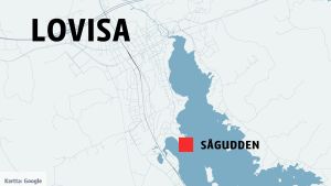 Sågudden ligger 3 kilometer från Lovisa centrum. Karta över Lovisa, med Sågudden utprickad.