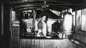 Louis Lassens gatukök med hamburgare. Louis Lassens lunchvagn (bilden tagen 1907-1916)
