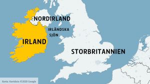 Grevskapet Monaghan är det område som sträcker sig ganska långt in i Nordirland i mitten av Nordirlands södra gräns. Karta över Storbritannien, Irland och Nordirland.