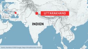 Karta med Indien och Uttarakhand utmärkta.