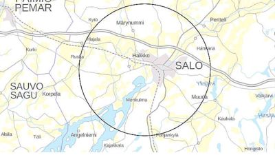 En karta över Salo med en ring tio kilometer runt staden där en restriktionszon upprättats på grund av fågelinfluensa.
