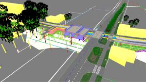 En visualisering av bygget från en annat håll. Här är Parkgatan till höger på bilden. En 3D modell av en korsning.