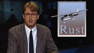 Kari Nihti juontaa uutisen Mathias Rustista (1987).