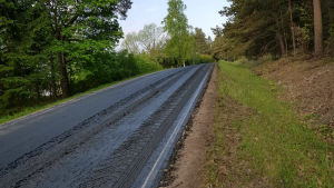Det avstängda vägavsnittet var kring 3,6 kilometer långt. Slam som runnit ut på väg. Träd i bakgrunden.