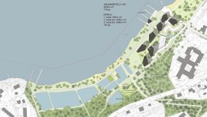 Alternativet Kenno. Ett av de tre alternativen för hur Porla i Lojo kunde se ut med hotell och bostäder. Det här alternativet kallas för Kenno.