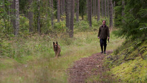 Olli Mustonen metsäkävelyllä koiransa kanssa.