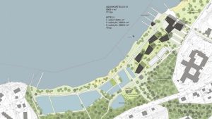 Alternativet Ruoto. Ett av de tre alternativen för hur Porla i Lojo kunde se ut med hotell och bostäder. Det här alternativet kallas för Ruoto.