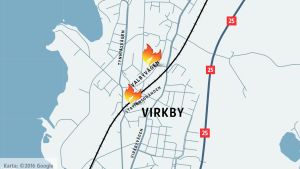 En karta som visar var det har brunnit i Virkby.