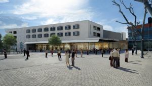 En annan version av hotellet och Citymarket. Skiss över hotell och citymarket på Västra åstranden i Borgå