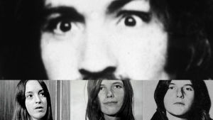 Sektledaren och hans kvinnor. Charles Manson har gått till historien för mordet på skådespelaren Sharon Tate. Foton på Charles Manson, Susan Atkins, Leslie Van Houten
