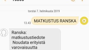 Ranskan matkustustiedotetta, julkaistu 7.4.17. Ulkoministeriön matkustustiedote (Ranska) tekstiviestinä