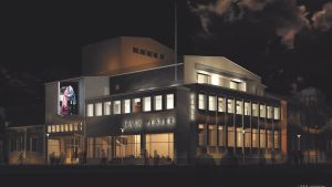 Skiss av Wasa teater efter renoveringen. En ritning av hur Wasa Teater ska se ut efter renoveringen. Fasaden är upplyst.