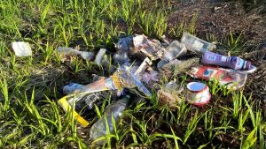 Mikael Ranta tycker en del fiskare är slarviga. Fiskelina och annat plastskräp ligger ofta på stränderna. Bilden är från Åkerfors populära fiskeplats i början av maj 2016. Fiskelina och annat plastskräp ligger på en strand.