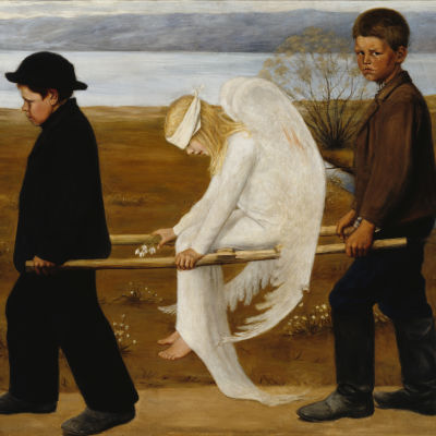 En bild av Hugo Simbergs tavla Den sårade ängeln som föreställer två pojkar som bär en bår där det sitter en sårad ängel.