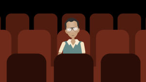 Mies istuu tyhjässä elokuvateatterissa, grafiikka.