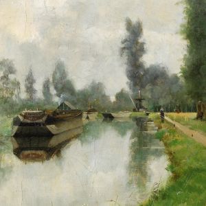Julia Beck, Vid kanalen, Grez, 1883. Olja på duk, 50 x 38 cm. Bilden är beskuren. Tavla med några båtar på en kanal. Bilden är beskuren. Julia Beck, Vid kanalen, Grez, 1883. Olja på duk, 50 x 38 cm