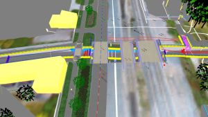 På bilden ser man Parkgatan till vänster och de fem broarna som byggs över undergången. En 3D modell av en korsning.