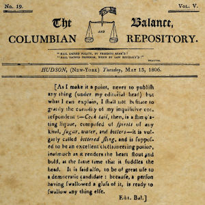 Harry Croswells kolumn i The Balance Columbian Repository. Amerikanskt tidningsurklipp om definitionen av en cocktail.