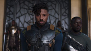Erik Killmonger (Michael B. Jordan) har en plan och är beredd att slåss för den. Närbild på Erik Killmonger (Michael B. Jordan)
