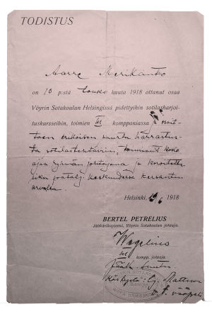 Todistus ylennyksestä kersantiksi 19. kesäkuuta 1918.