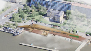En skiss av Fiskets hus Flygvy över Fiskets hus vid Fiskstranden i Vasa.