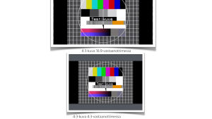 Testikuvan avulla esitelty, miten kuvasuhde vaikuttaa tv-kuvan näkyvyyteen erilaisissa tv-vastaanottomissa.