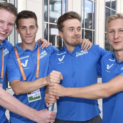Suomen viestikvartetti Samuel Purola (vas.), Oskari Lehtonen, Otto Ahlfors ja Eetu Rantala.