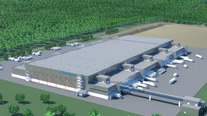 De två väldiga logistikcentralerna i Bastukärr i Sibbo ska delvis använda sig av solenergi i framtiden. Bilden är en skiss på en av de två väldiga lagerhallarna (Arkivbild). S-gruppens nya logistikcentral i Bastukärr i Sibbo.